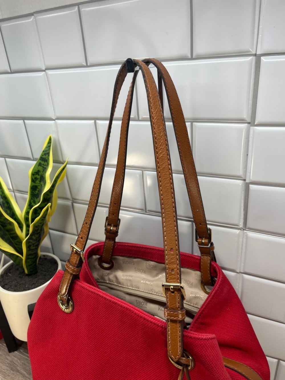 Michael Kors Red Canvas Tote with Brown Leather Straps - Picture 5 of 13